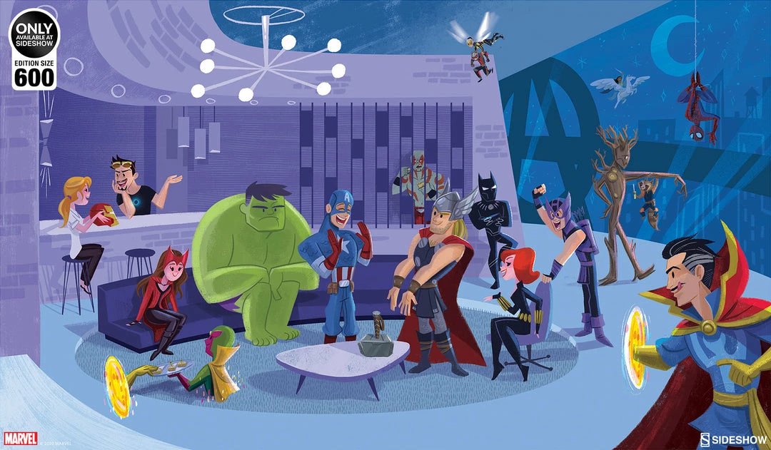 Discount 🧨 Party At Avengers Tower Art Print By Sideshow Collectibles By Artist Kat Hudson. ❤️ 3 Party At Avengers Tower Art Print By Sideshow Collectibles By Artist Kat Hudson.